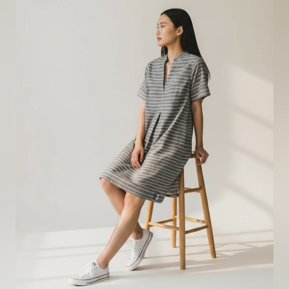 Rosso35 Gray White Striped Dress old money European Minimalist large lightweight - Picture 2 of 6